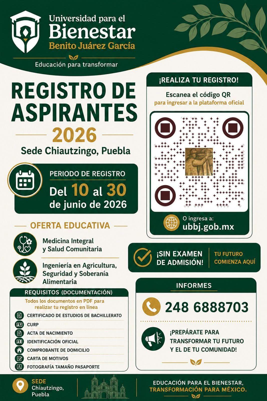 La Universidad para el Bienestar Benito Juárez García abre convocatoria para el registro de aspirantes 2026.