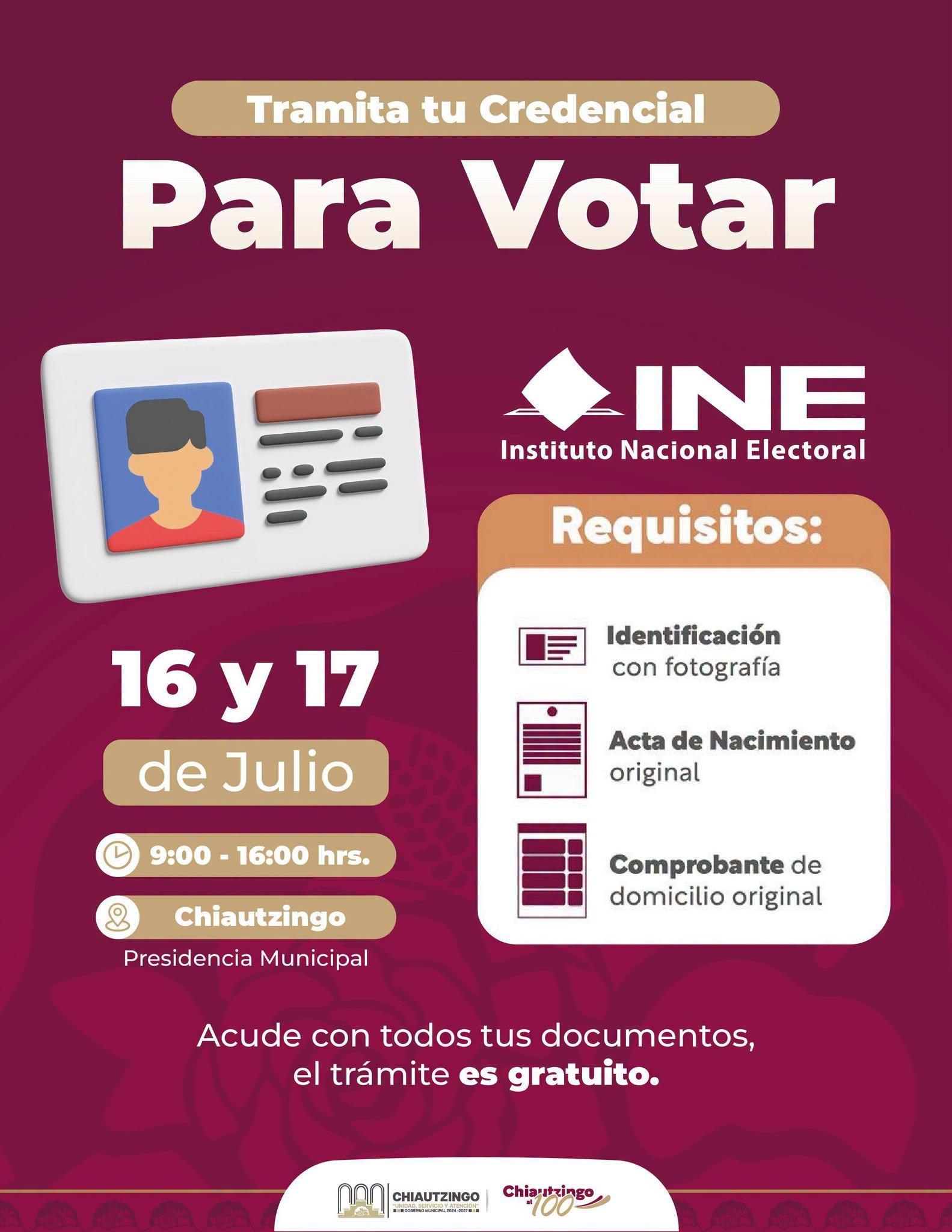 Trámite de credencial para votar INE en San Lorenzo Chiautzingo, 16 y 17 de julio de 2026. 🔊